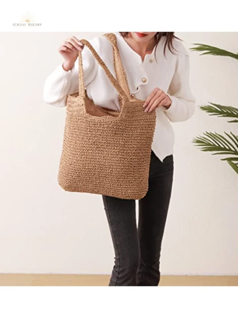 Handwoven Straw Shoulder Bag Summer Beach Tote with Zipper Large Capacity